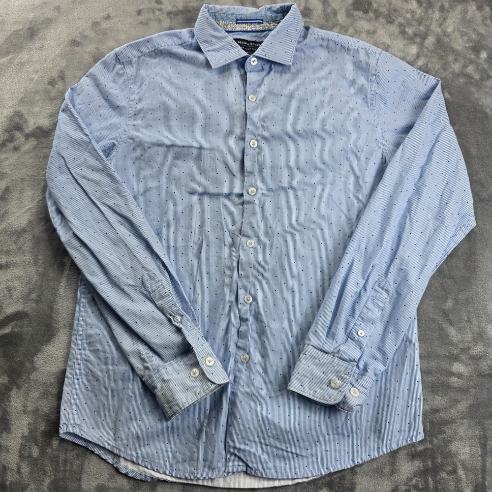 Denim & Flower Button Down Shirt Mens Medium Blue Striped Slim Fit Long Sleeve
